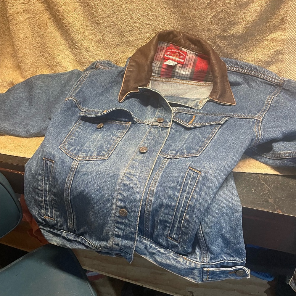 Blue Denim Jacket with Brown Collar